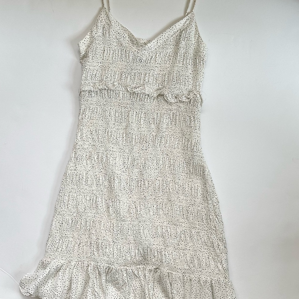 Express White and Black Polka Dot Smocked Mini Dress